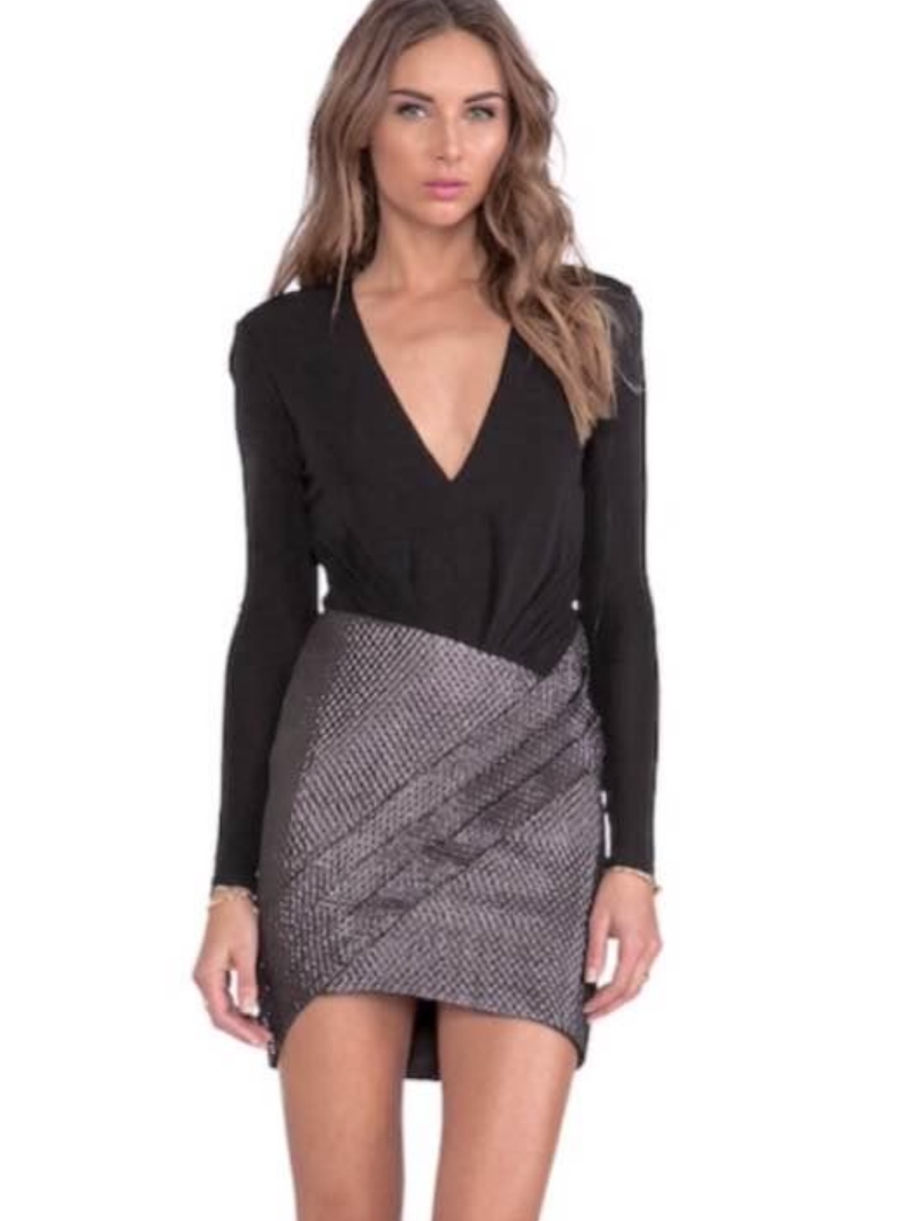Black V-Neck Long Sleeve Top With Metallic Grey Mini Skirt